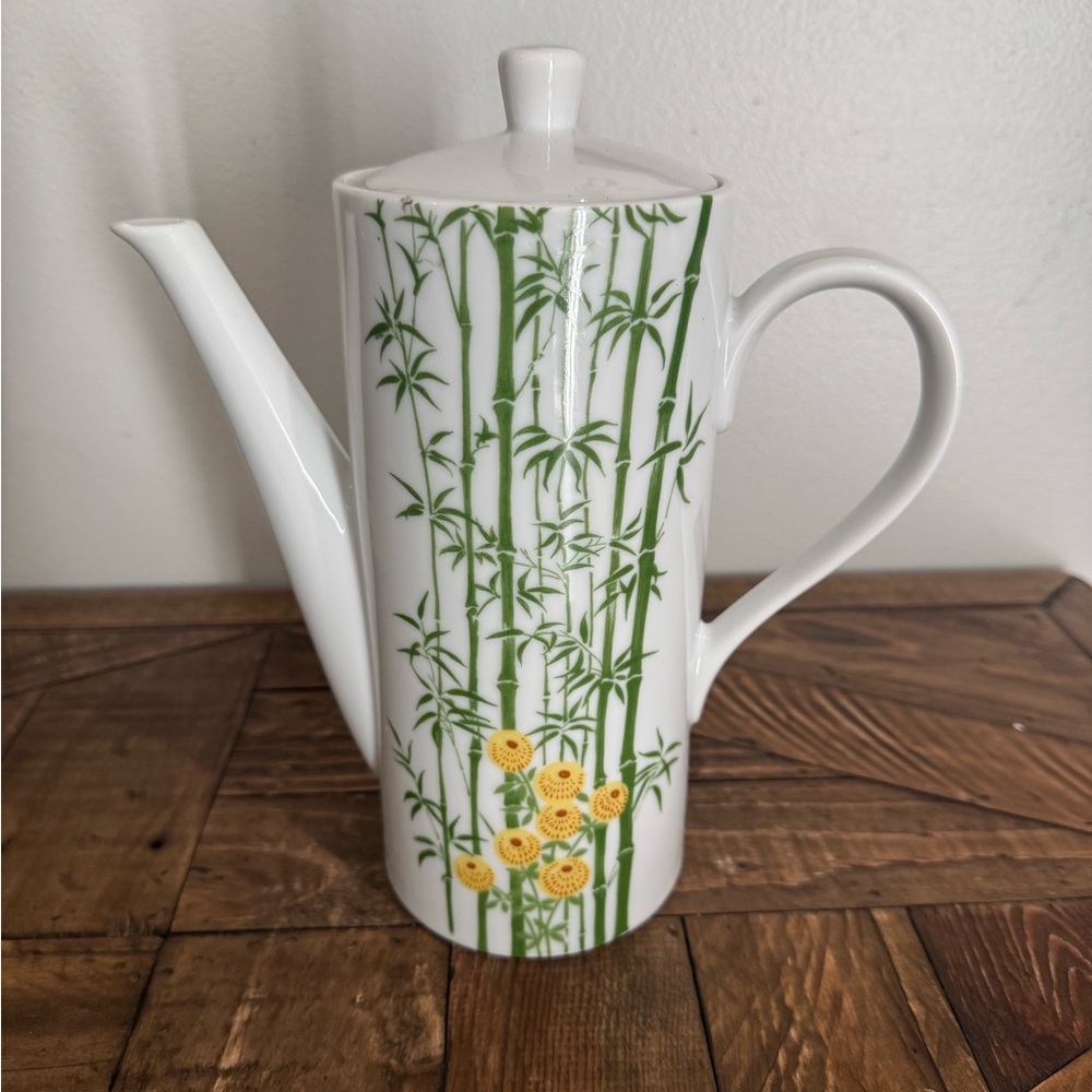Vintage JSC Japan 8” Beverage Server, Tea Coffee Pot Bamboo White Flowers